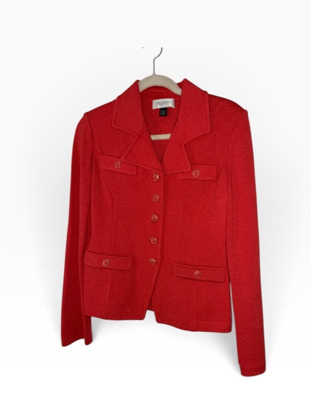 St. John classic wool-rayon blend knit jacket in a vibrant tomato red. Sz 6